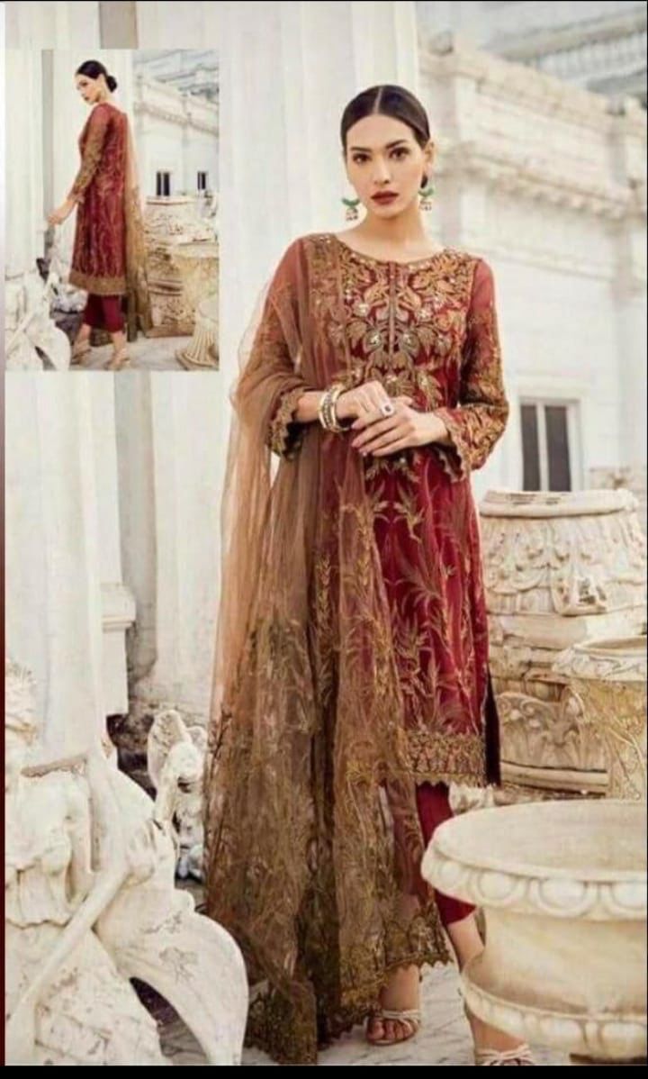 Chiffon suit with heavy net embroidery dupatta