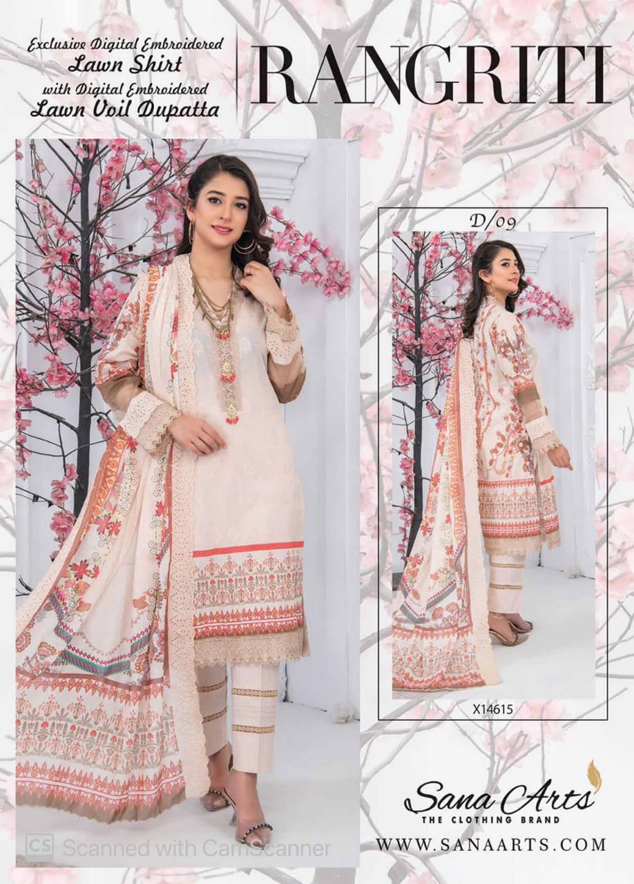 Rangreti By Sana Arts 3pc Premium Digital printed Lawn Dress With Voil Cutwork Duppata