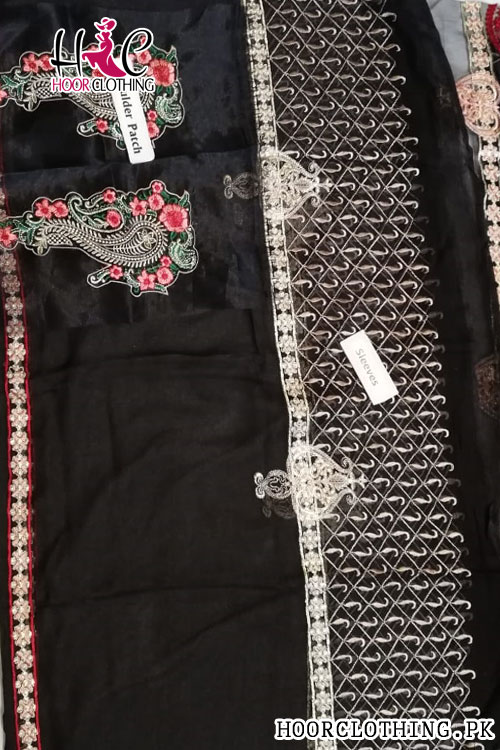 Pure Chiffon 2 Piece Heavy Embroidered Black Color Eid Dress with Mahroon and peach Dye Dopatta