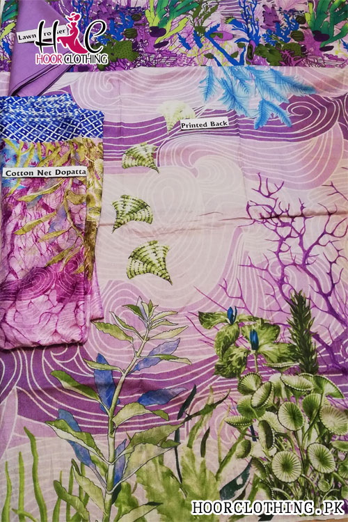 Women Lawn Purple Color 3 piece summer Suite With Chiffon Dopatta