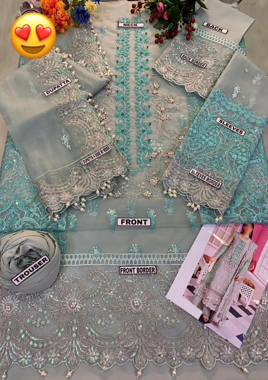 Bridal wear organza party dress 4 side embroidered cutwork dopatta