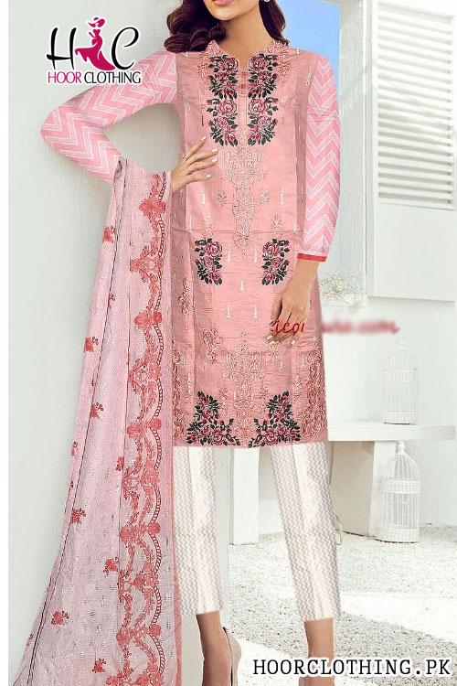 3 piece Baby Pink Color Ladies Embroidered Kurta Lawn Replica Dress