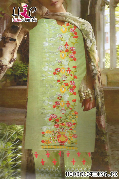 3 piece Embroidered Summer Lawn Dress With Chiffon Dupatta (Pista)