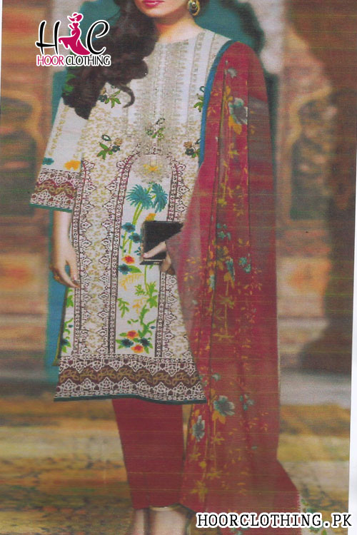 3 piece un-stitched Embroidered Galla Lawn Suit In Mahroon Color