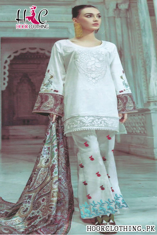 3 piece un-stitched White Lawn Suite With Embroidered Trouser