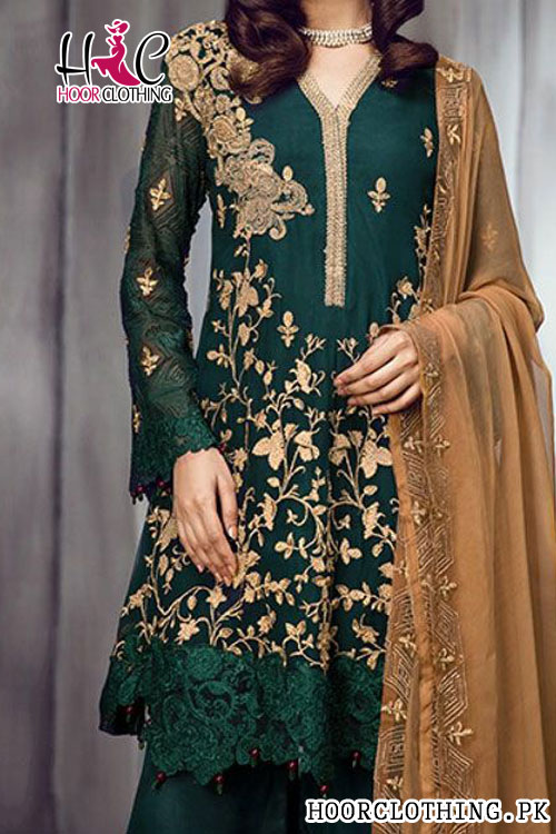 Iznik Embroidered Zink & Golden Luxury Lwan Unstitched 3 Piece Suit For Eid