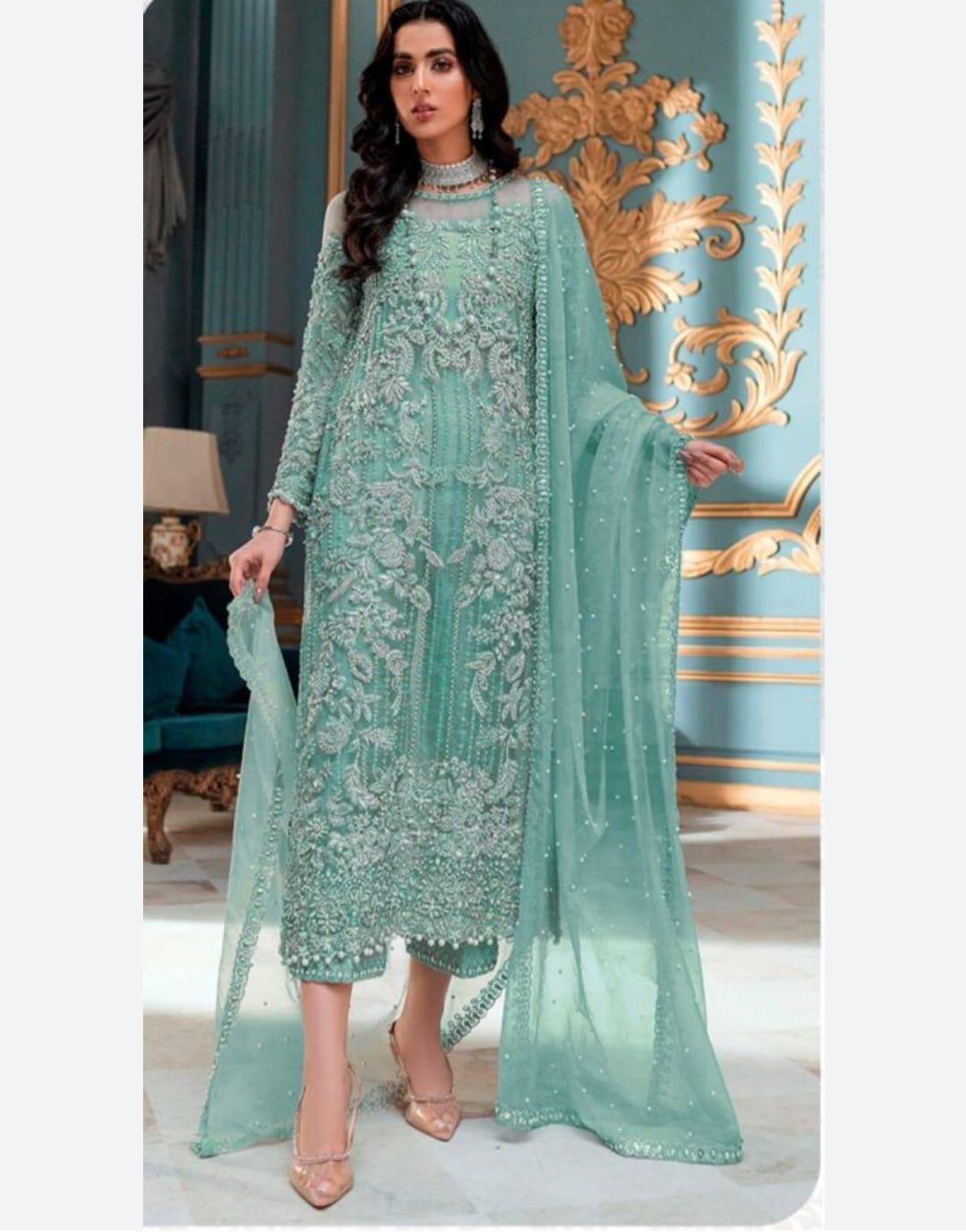 Women Party Wear Heavy Embroidered Silk Net Dress With Ready To Wear Dopatta