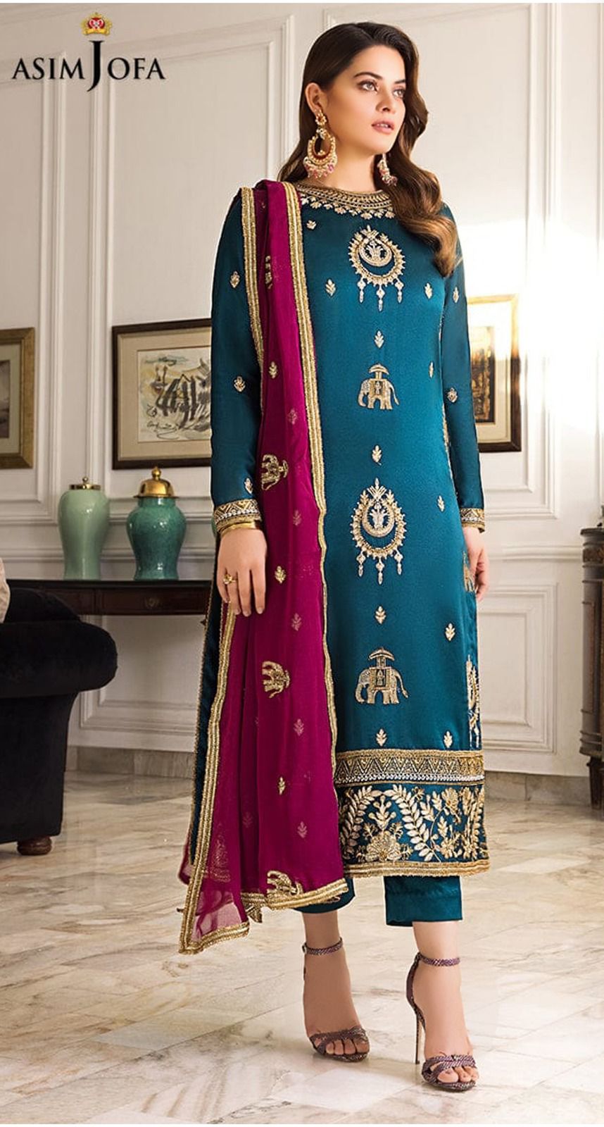 Asim Jofa Luxury Eid Collection Women Embroidered Lawn Dress With Chiffon Dupatta
