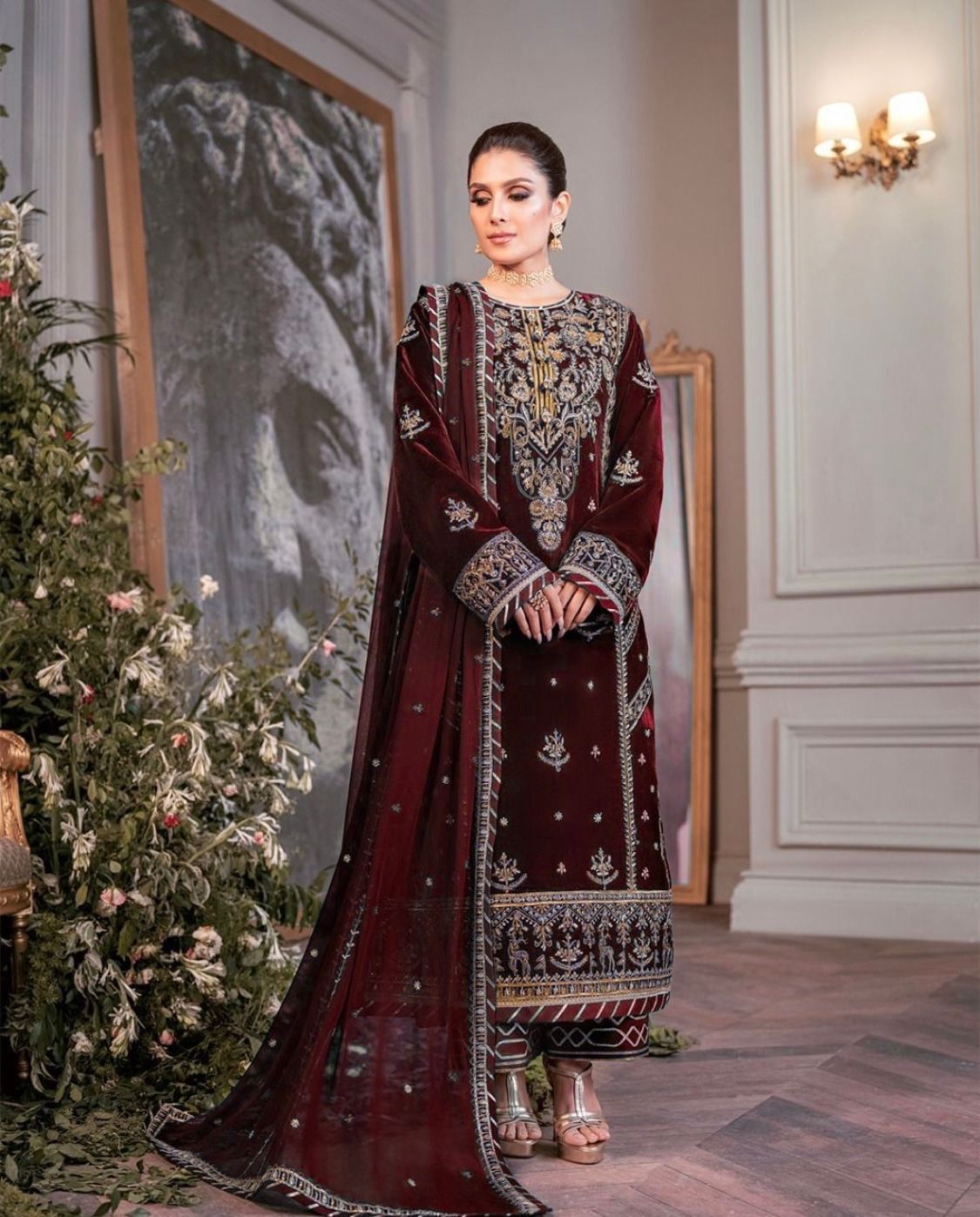 Asim Jofa Makhmal Colletion Maroon color Women Party Wear Velvet Embroidery Dress