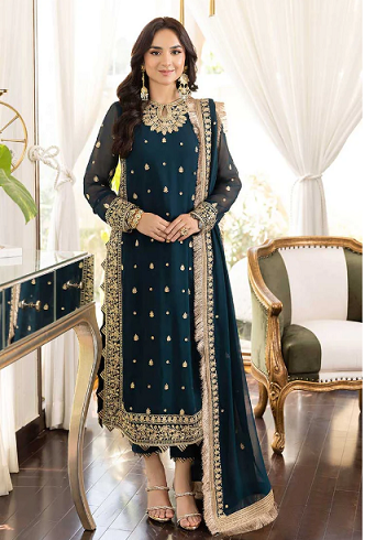 Asim Jofa Women Party Wear Heavy Embroidery Chiffon Dress With Satin Silk Trouser