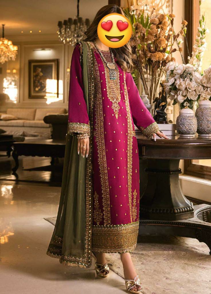 Women Heavy Embroidery Chiffon Dress For Wedding With Malai Trouser