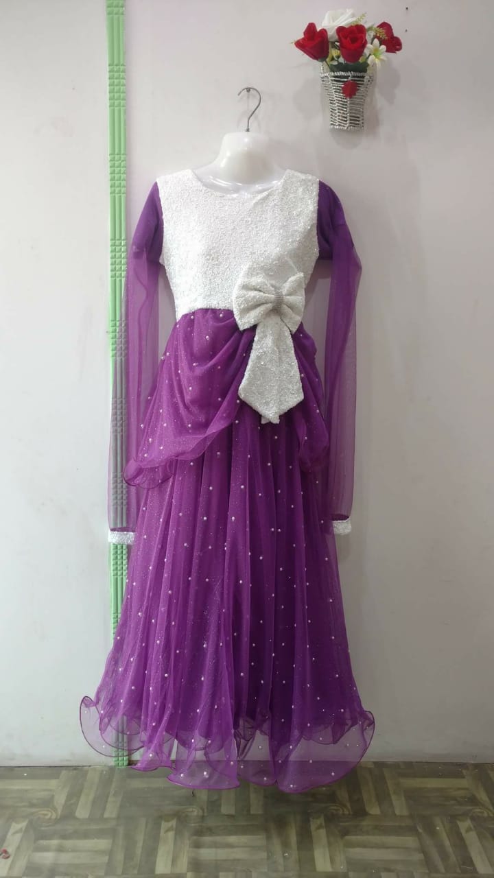 Beautiful combo White and purple frock for girls with Bow tie