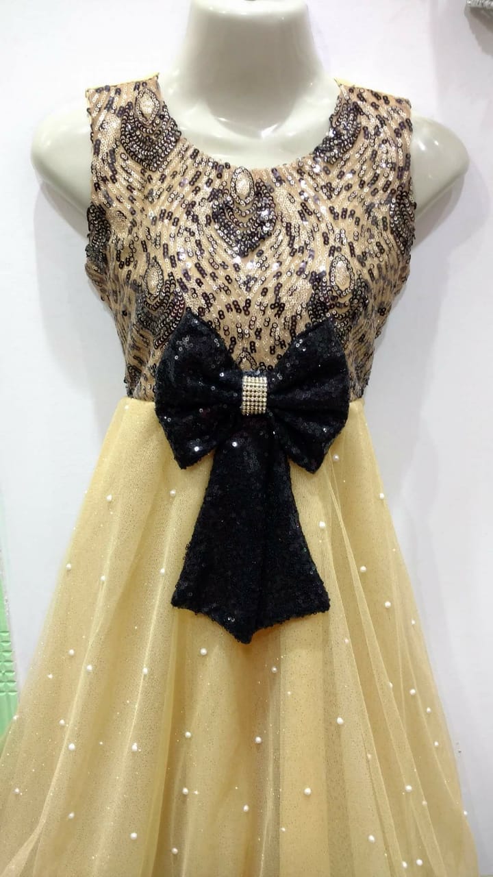 Beautiful Net Black and Skin Frock for Girls With Black Tie Bow