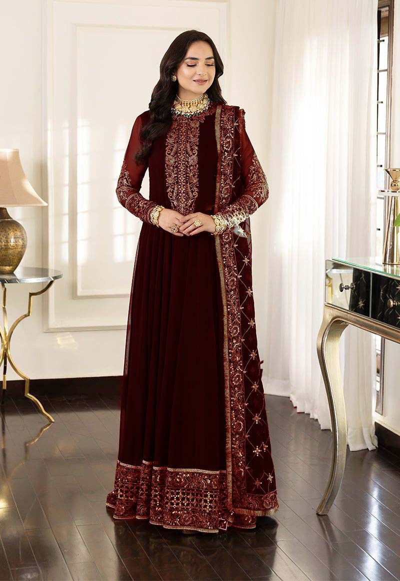 Women Wedding Collection Heavy Embroidered Chiffon frock With Satin Silk Trouser