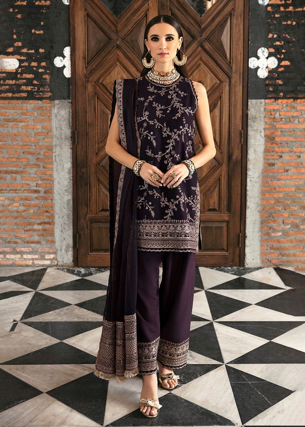 Women Party Wear Embroidered Dress With Velvet Shirt and Net Dupatta