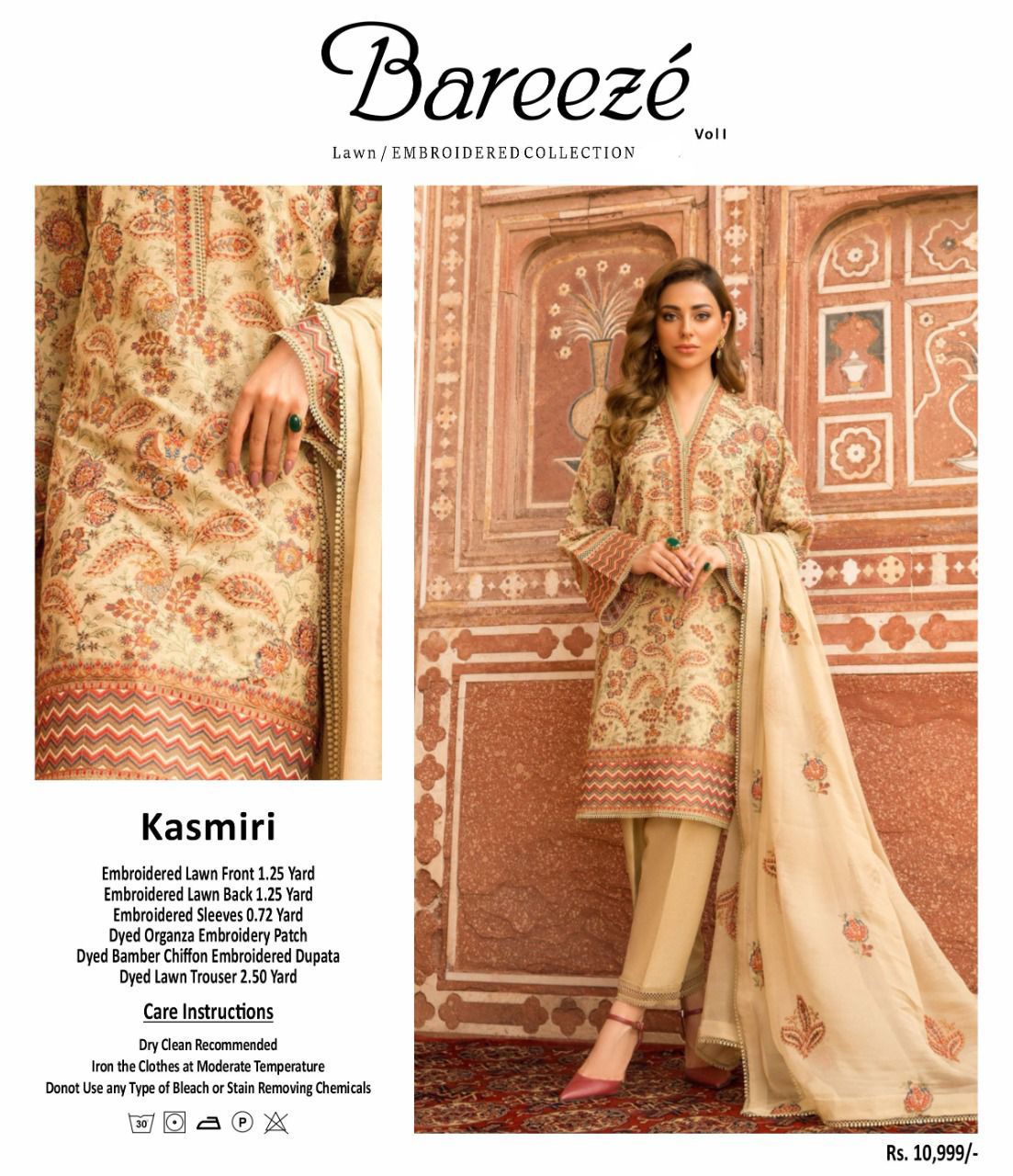 Breeze Women Karandi Lawn Kashmiri Embroidery Eid Party Dress With Chiffon Embroidered Dopatta