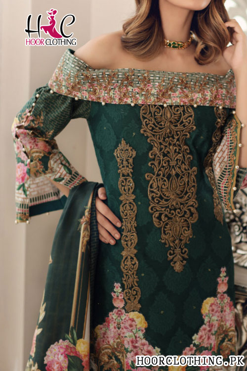Embroidered Galla Lawn Suit In Green Color With Printed Daman And Back