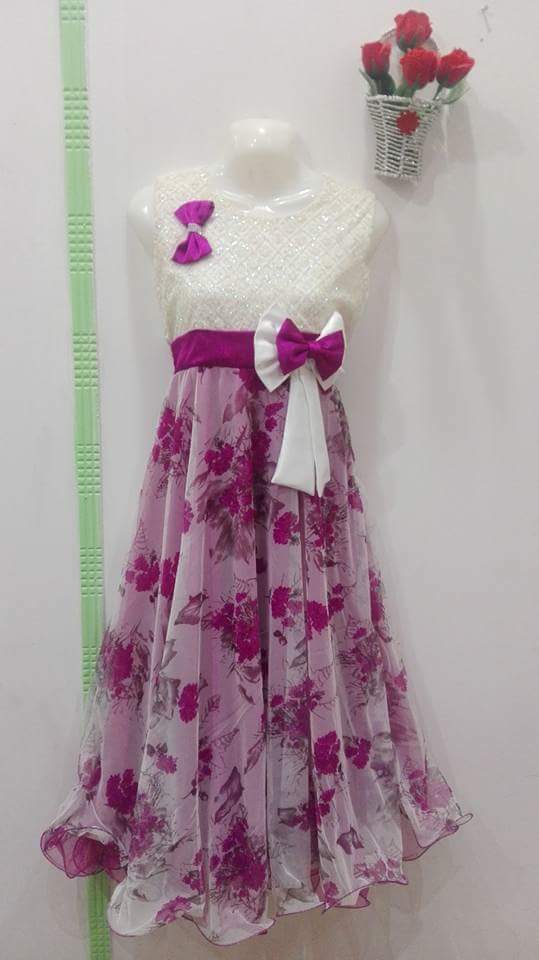 Girl's Eid collection beautiful Long frock in White And Purple color with bow tie 1-18 Age