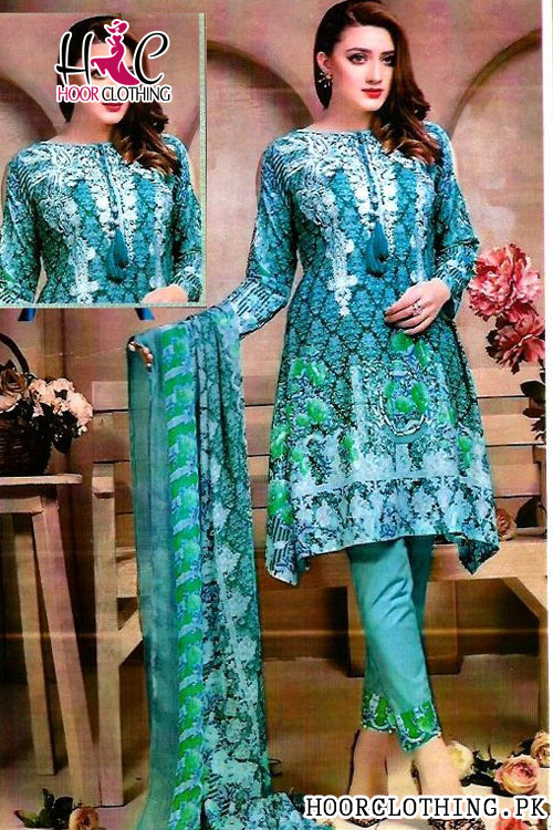 Girls Lawn Turquoise Color 3 Piece Summer Suite With Cotton Net Dopatta