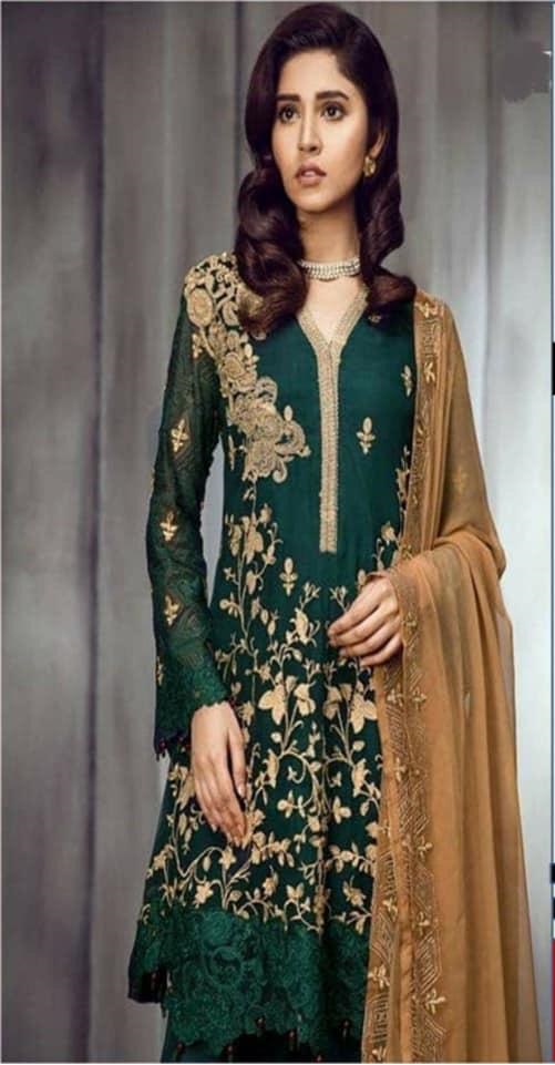 Green 3pc Chiffon Collection Party Wear Dress with Chiffon embroidered dupatta