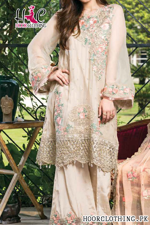 Heavy Embroidered Beige Color Ladies Kurta 3 Piece Lawn Eid Dress Master Replica