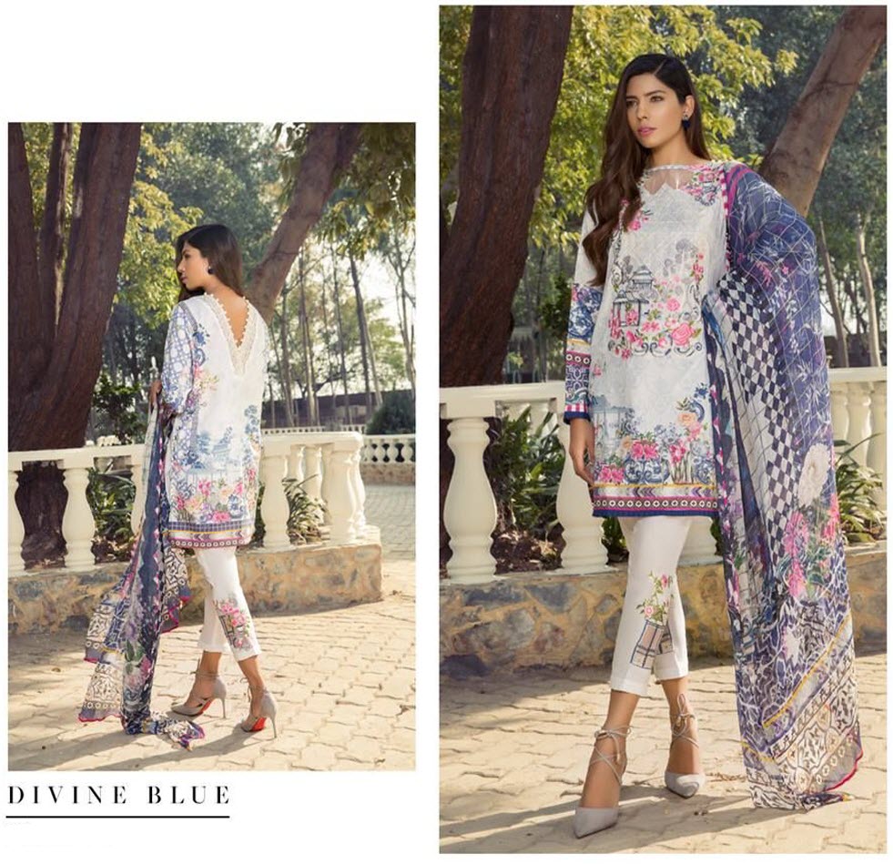 Linen Designer Dress Divine Blue Color With Printed Chiffon Dopatta For Women