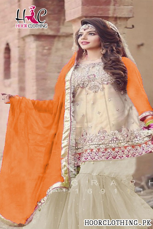 Maria b Summer Collection Luxury Grey & Orange Lawn Embroidered Dress for Eid Party wears