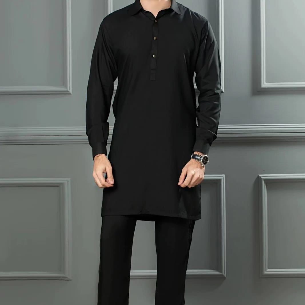 Men Muharram Collection Plain Jet Black Soft Cotton Dress by J.j