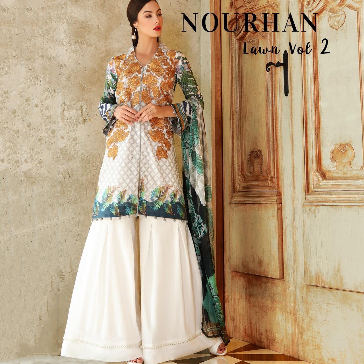 Nourhan 3pc Lawn Summer Collection Dress with Chiffon duppta