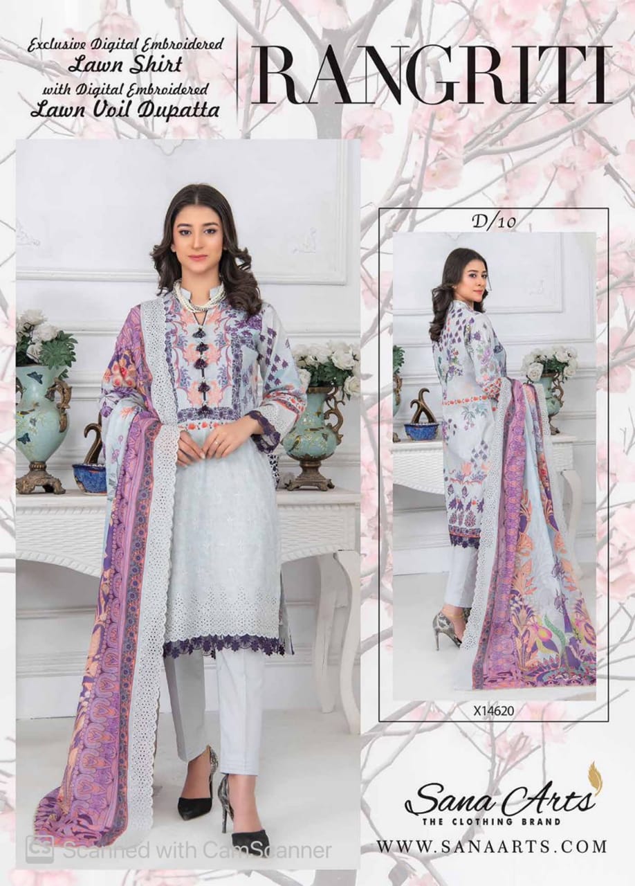 Original Brand Rangreti By Sana Arts 3pc Digital printed Lawn Dress With Voil Cutwork Duppata