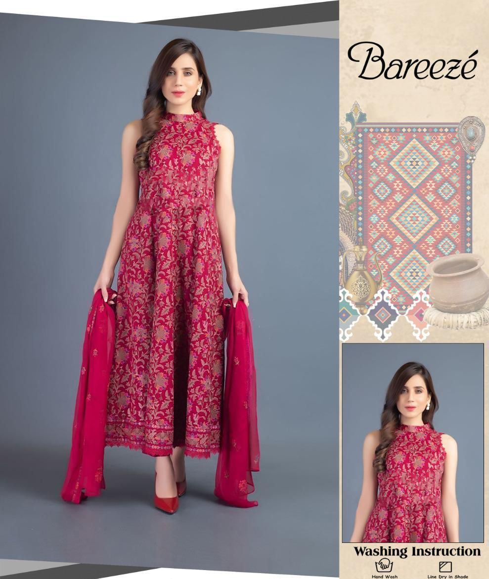 Pink Color Breeze Heavy Embroidered Women Lawn Dress With Chiffon Doppta