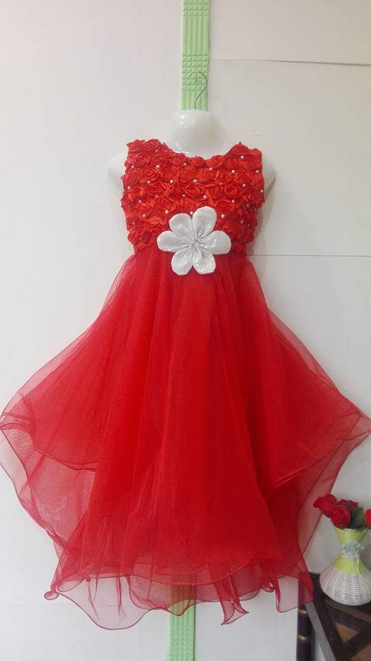 Red Color Net Frock for Girls with white Flower Size 1-18 years