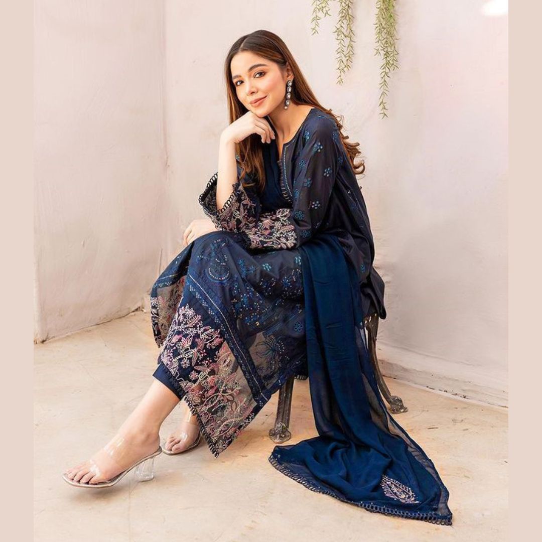 Women Eid wear heavy Embroidered Navy blue LawnDress