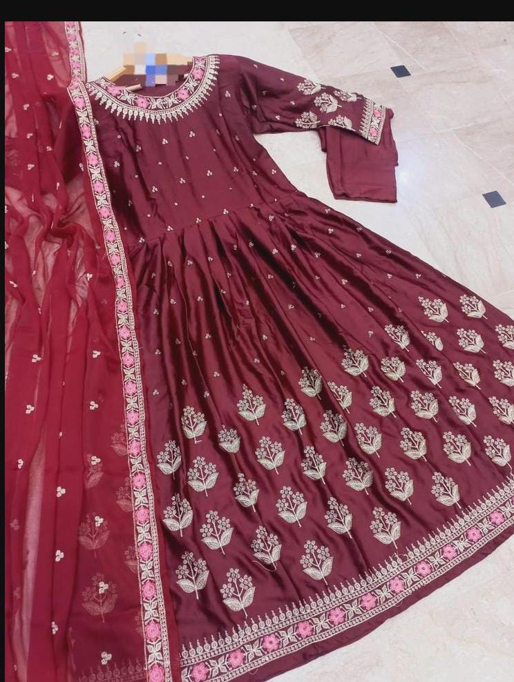 Women Shamooz Silk Embroidered Fancy Stitched Maxi