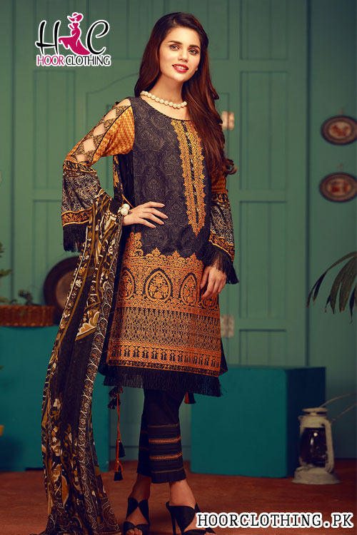 Women Winter Collection Linen Suit With Khaddar Dopatta In Charcoal Color